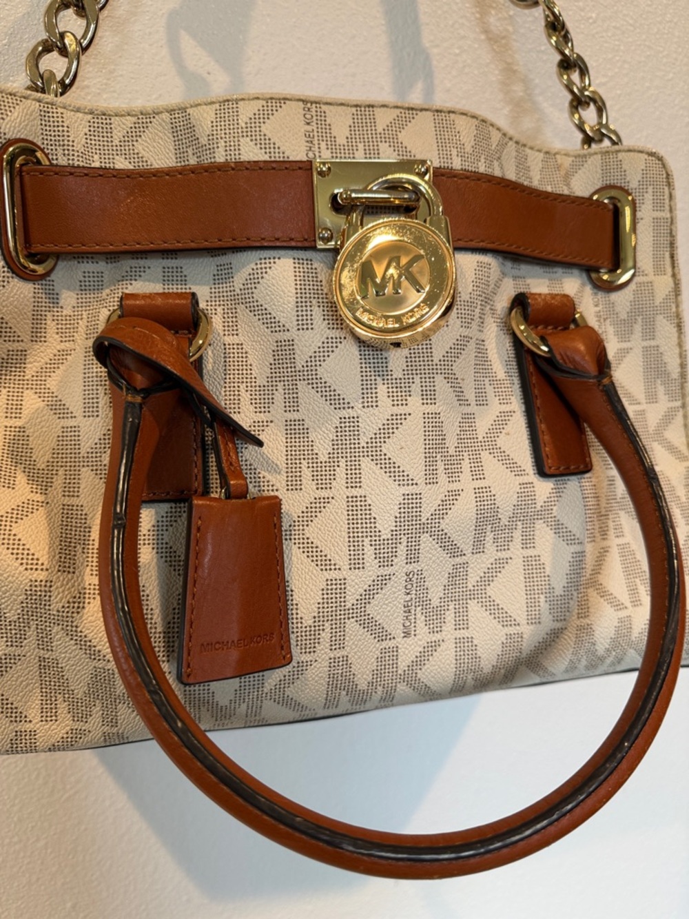 Michael Kors Beige & Brown MK Logo Satchel with Gold Hardware - Picture 2 of 12